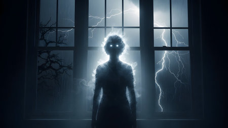 A spectral figure with bright glowing eyes stands in silhouette before a window during a...