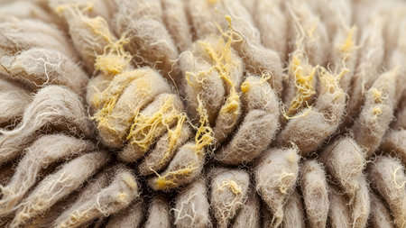 Extreme close-up macro of thick beige wool fibers with strands of yellow organic matter visible.の写真素材