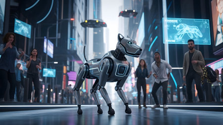 Accents showing futuristic robotic dog with glowing blue accents in a neon-lit city with flying...の写真素材