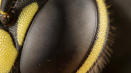 Facets showing extreme macro close up of a wasp eye showing intricate compound facets and yellow...の写真素材