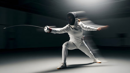 Uniform showing fencer in white uniform lunging forward with sword extended in motion blur.