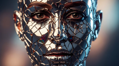 Extreme close-up of a human face covered in shattered mirrored fragments, reflecting warm,...の写真素材