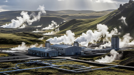 A geothermal power facility with industrial buildings and plumes of steam rising from the...