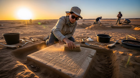 Background showing female archaeologist brushing sand from a stone slab with hieroglyphs at a...の写真素材