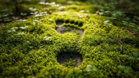 A distinct footprint pressed into a thick, vibrant green mossy ground, with small plants and...の写真素材