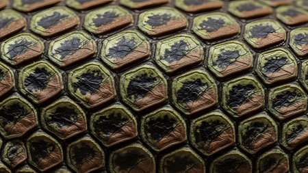 Reptile showing extreme close-up of textured reptile scales showing hexagonal shapes with green...