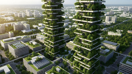 Their showing futuristic green skyscrapers with abundant trees and vegetation integrated into...