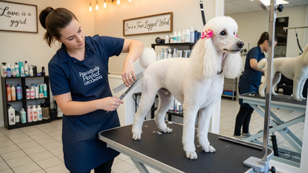 Table showing female groomer trimming white poodle with clippers on grooming table in salon....
