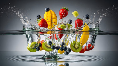 Assorted fresh fruits like strawberries, blueberries, and mango are captured mid-splash in clear...の写真素材
