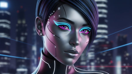A futuristic cyborg woman with neon pink and blue eye makeup and short dark hair, set against a...の写真素材
