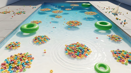 Green inflatable rings and colorful cereal loops float in a bright blue swimming pool with ripples.