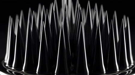 Glossy showing glossy black ferrofluid spikes forming a dense array of sharp pointed cones...の写真素材
