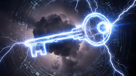 Blue showing glowing blue electric key symbol surrounded by lightning and dark stormy clouds...