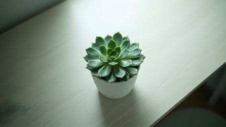 Light showing green succulent plant in white pot on light wood surface with soft light.