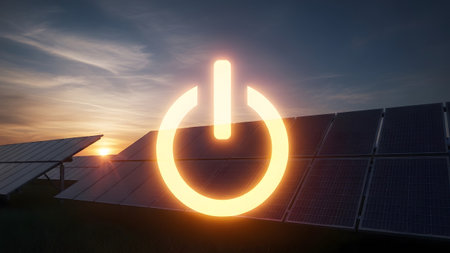A glowing yellow power button symbol is positioned above a solar panel array during the twilight...