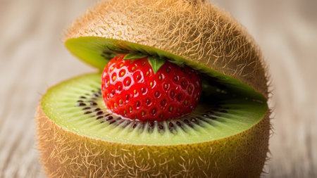 A single red strawberry rests within a halved kiwi fruit, its fuzzy brown exterior contrasting...の写真素材