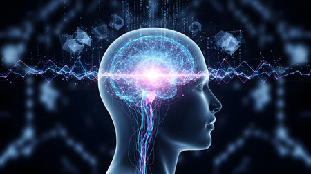 A transparent human head silhouette a glowing blue and pink neural network brain with intricate...