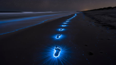 A line of bright blue glowing footprints stretches across a dark sandy beach at night....の写真素材