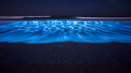 Sandy showing glowing blue ocean waves sparkle with bioluminescence on a dark sandy beach at...