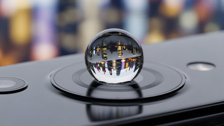 Reflecting showing glass sphere reflecting city skyline at night on a smartphone camera lens....