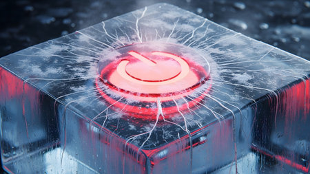 Glowing showing glowing red power button frozen inside a cracked ice cube with frost.