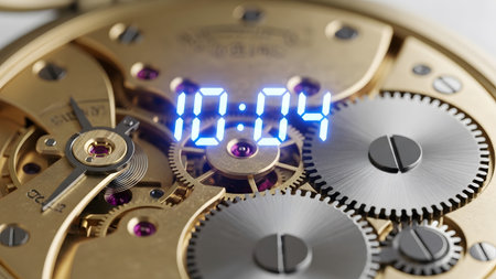 Bright showing golden watch internal gears and mechanism with bright blue digital time 10:04....