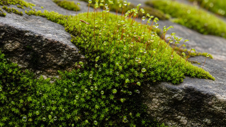 Covered showing green moss covered rock with water droplets after rain. resolutionの写真素材