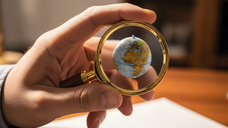 A human hand holds a golden magnifying glass over a small globe, focusing on Africa and Europe.の写真素材
