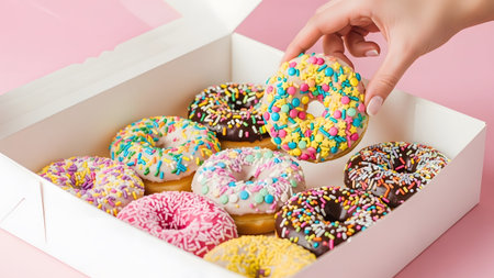 Hand picks a colorful star and sprinkle donut from a white box on a soft pink surface....の写真素材