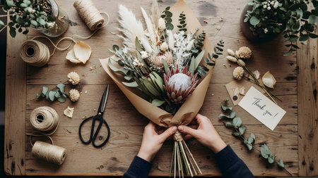 Wooden showing hands arranging a large dried flower bouquet with a protea on a wooden table....の写真素材