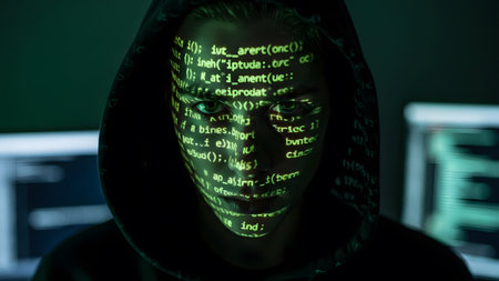 A person wearing a dark hood with green code illuminated on their face, looking forward.の写真素材