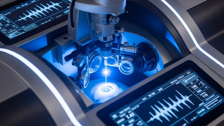 Blue showing high-tech ophthalmology surgical machine with laser and glowing blue screens...