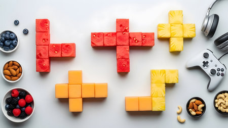 Healthy showing healthy snacks arranged as pixelated game shapes with gaming accessories on a...の写真素材
