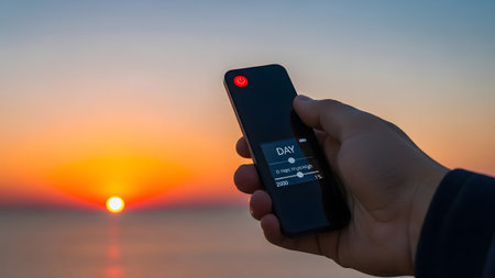 Remote showing hand holding a black remote control with a power button and day setting against a...の写真素材