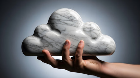 A hand gently holds a polished white marble cloud sculpture featuring intricate grey veining...