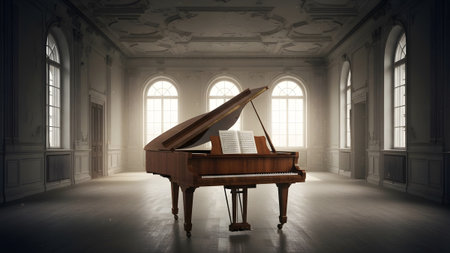 Grand showing grand piano with sheet music sits in a grand, empty ballroom with arched windows...の写真素材