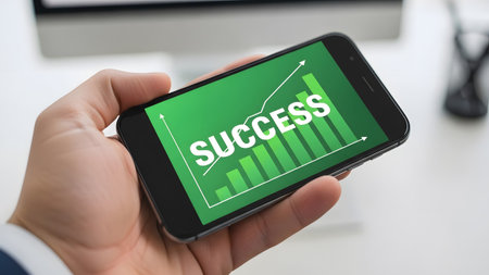 A hand holds a smartphone displaying a green bar chart with an upward trend line and the word...