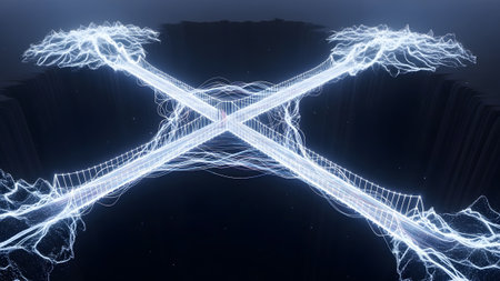 Energy showing interconnected abstract glowing energy bridges forming an x shape over a dark...の写真素材