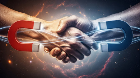 Hands shaking with red and blue horseshoe magnets in a vibrant cosmic nebula background.の写真素材