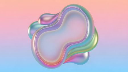 Background showing iridescent liquid blob with smooth flowing curves and soft pastel gradient...の写真素材