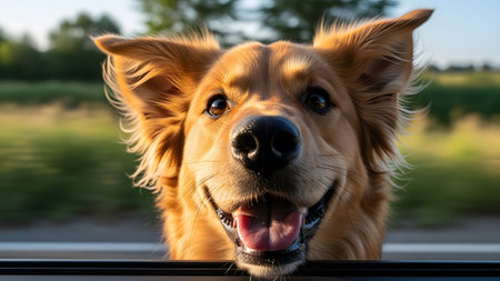(1598) showing happy golden retriever dog with ears flopping out of car window. resolution...の写真素材