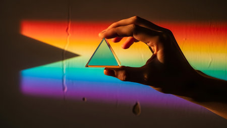 A hand holds a clear triangular glass prism, projecting a bright rainbow spectrum onto a...