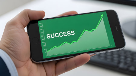 A hand holds a smartphone displaying a green chart with an upward trend line and the word SUCCESS.