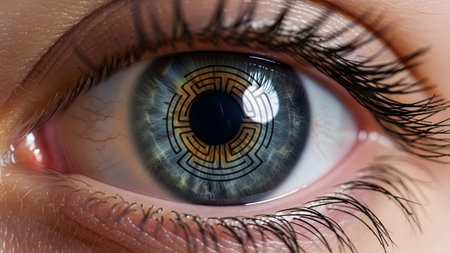 Detailed macro shot of a human eye with a blue iris displaying a circular maze pattern and a...の写真素材