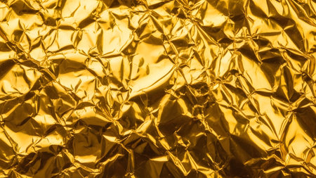 Rich showing golden crumpled foil texture with bright highlights and deep shadows creating a...