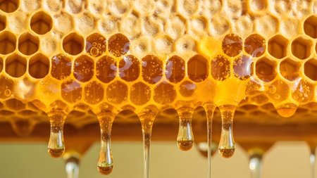 Liquid showing golden honeycomb dripping with sweet liquid honey in macro detail.