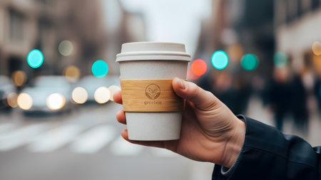 Stock showing hand holding a speckled white reusable coffee cup with bamboo sleeve and green....