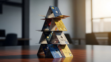 House showing house of cards stacked precariously on a wooden desk in an office setting....の写真素材