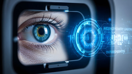 A detailed view of a human eye being scanned by a futuristic device with glowing blue digital...
