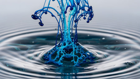 Ripples showing intricate blue ink splash in water with bubbles and ripples.の写真素材